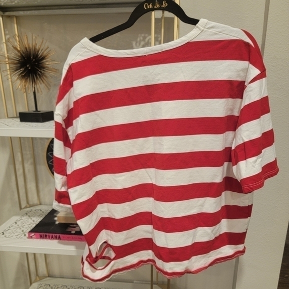 POL Red and White Striped distressed long crop tee Size‎ Large - Picture 7 of 8
